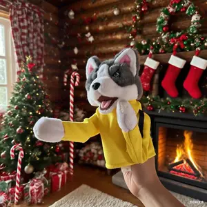 Wancool Husky Dog Hand Puppet, featuring a child's yellow martial arts outfit, is a soft and interactive plush animal hand puppet, perfect for role-playing, family gatherings, parties, and holiday gifts.