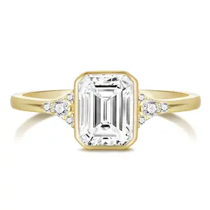 EAMTI 14K Gold Plated Engagement Rings 2CT Emerald Cut Wedding Bands for Women 14K Gold Plated Cubic Zirconia Bezel Promise Rings for Her