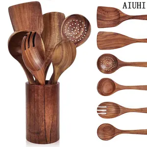Wooden Utensil Set, 7 Counts/set Kitchen Cooking Utensils with Storage Bucket, Kitchen Utensils Set for Home Use, Hand Tools, Spoons Set, Cookware