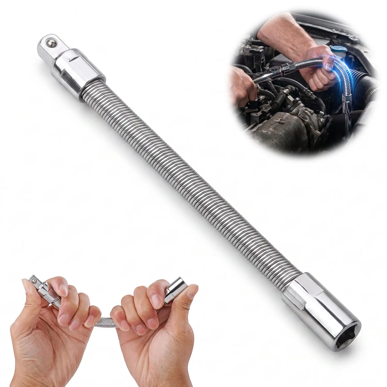 1/2 Inch Drive Flexible Socket Extension Bar, 250mm Bendable Ratchet Extension Shaft, CR-V Steel Universal Socket Wrench Adapter for Car Repair, Garage & Home Tools (1 PC)