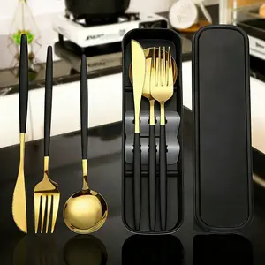 Gold Silverware Set - Stainless Steel Flatware Cutlery Set,Stainless Steel Portable Tableware Package, Mirror Polished - Multi-Use with Dinner Knife/ Spoon/ Fork/ Storage Box, Perfect for Outdoor Carrying, Office Workers, Student Utensils,Dishwasher Safe