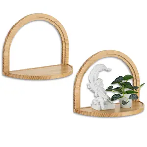 Boho Wood Arched Wall Decor, Set of 2, Modern Hanging Plant Wall Shelf, Wooden Floating Shelves for Home Nursery Living Room Office Neutral Decor