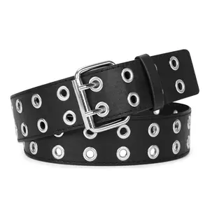 JASGOOD Double Grommet Belt PU Leather Punk Belt 2 Hole Belts 1.5 Wide for Women Men Jeans