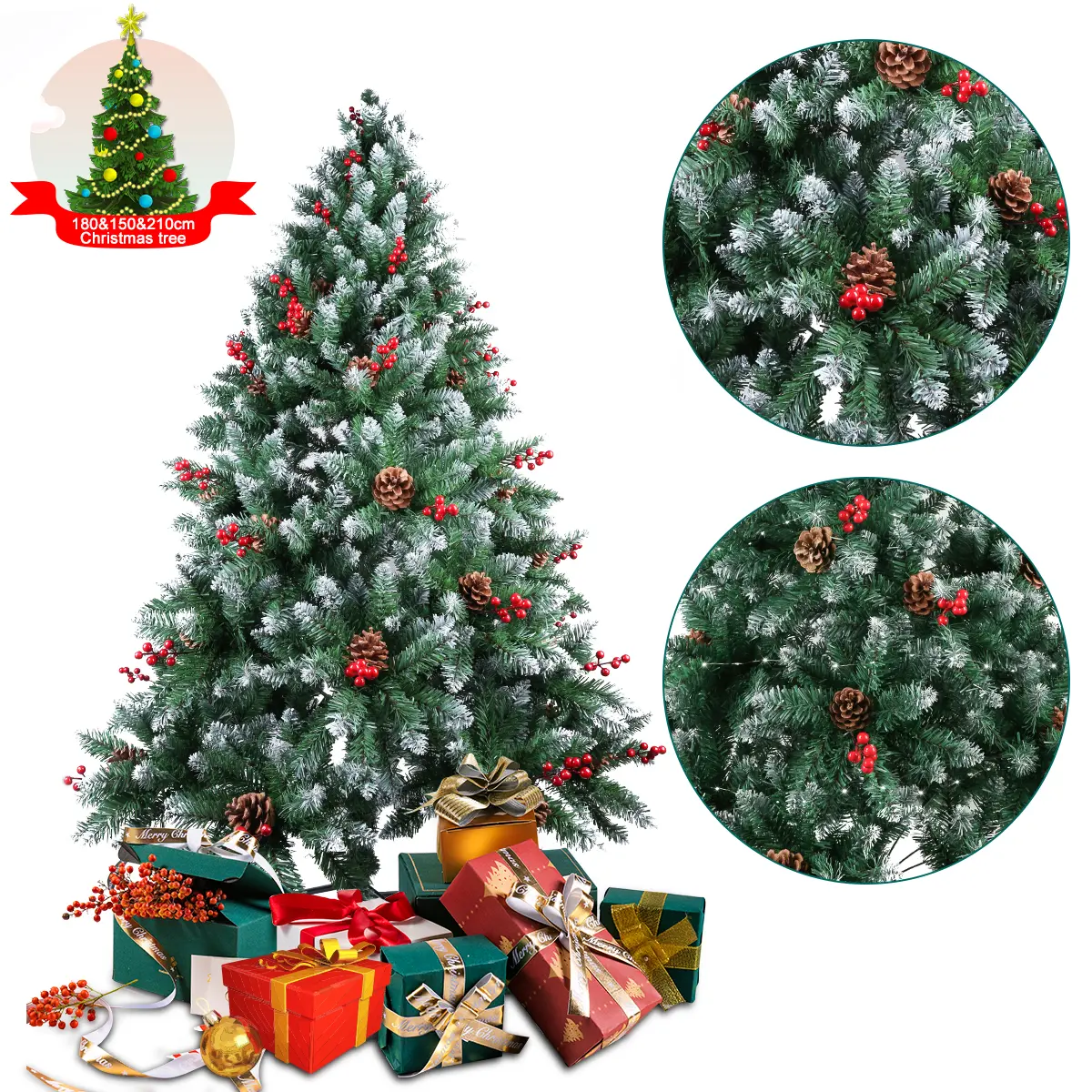 Multi-Size Realistic PVC Christmas Tree (5/6/7 FT, 450/750/900 Branches) with Pinecone & Red Berry Ornaments, Snow White Finish, Detachable Metal Base, Compact Storage, Holiday Decorative Home & Party Decoration, Detachable Base, Remote Control
