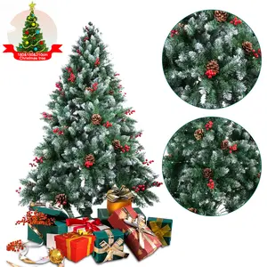5/6/7 FT Christmas Tree with Pinecones and Red Berries 450/750/900 Branches PVC Snow White, White Painted Detachable Metal Stand Suitable for Home, Parties, Office, Holidays