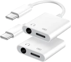 USB C to 3.5mm Headphone and Charger Adapter, 2-Pack Type C to Aux Jack Dongle Cable Cord with PD Fast Charging for iPhone 15/16/17 Pro/Max/Plus, iPad, Samsung Galaxy S22/S23/S24 Ultra (White)