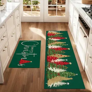 2Pcs Christmas And New Year Printed Kitchen Rug With Green Background Christmas Tree Mat Set Farmhouse Kitchen Carpet Restaurant Floor Laundry Room Decoration Carpet Mat, Farmhouse Kitchen Rugs