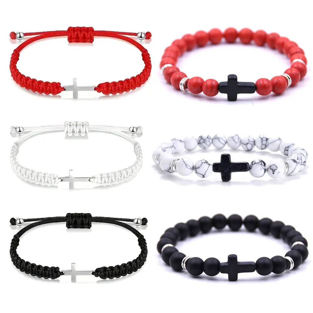 2-Piece Matching Cross Bracelets Set in Natural Stone & Woven Rope, Adjustable Religious Bracelets Jewelry for Birthday Anniversary, Matching Bracelets
