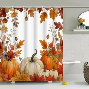 1pc Extra Large Bathroom Shower Curtain Fall Harvest Decor with Maple Leaves & Pumpkins in Orange Red Yellow Machine Washable Polyester Fabric Includes  Hooks for Easy Hanging Autumn Bathroom Window Polychrome