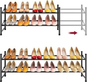 Expandable Shoe Rack for Closet 2 Tier, 28“-41“ Adjustable & Stackable Shoe Shelf Storage, Metal Shoe Rack Organizer for Front Door Entrance, Closet, Garage, Entryway, Black