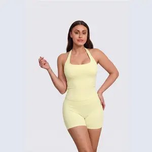 Coral Canton 2-Piece Halter Top & Sports Short Stretchy Suit Set, Sporty Style Outfits for Yoga Gym Outfits, Workout Gym Clothing & Training Clothes Sportswear Set Athletic Fashion Activewear