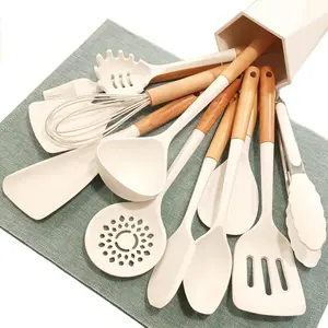 Kitchen Utensils Set, 12 count Kitchen Utensils Set, Anti-Stick Heat Resistant Wooden Handle Cooking Utensils with Dish Holder,  Spatula Tableware Set, Dishwasher Safe. Beige