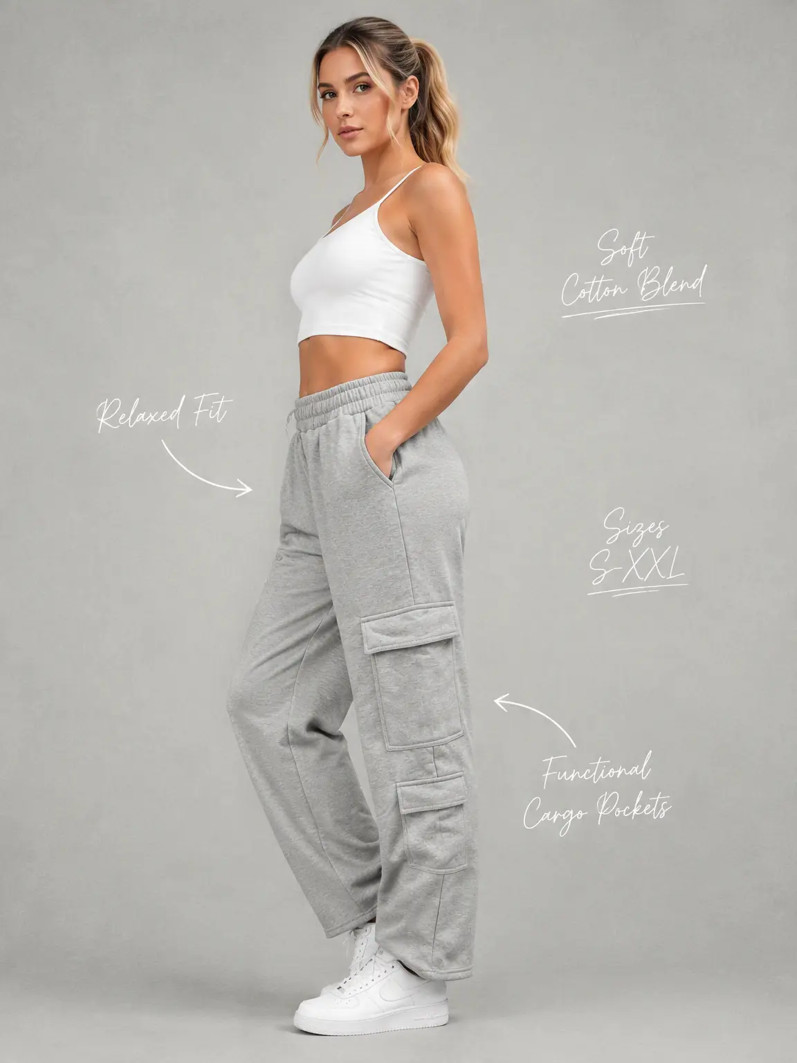 Women's Wide Leg Cargo Jogger Pants - Female Loose-Fit Wind-Resist Casual Sweatpants with Drawstring Waist for Outdoor Walks, Athletic Sports Bottoms