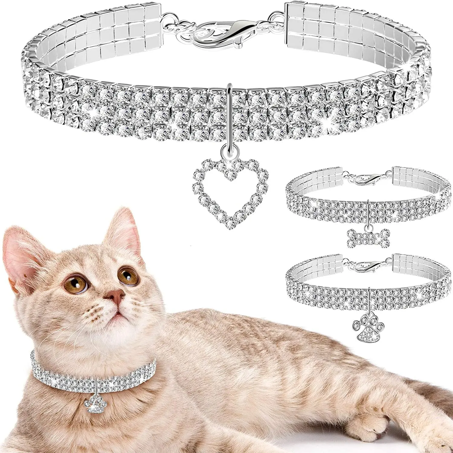 Sparkle & Shine: 3-Piece Bling Rhinestone Pet Collars - Adjustable Crystal Glam for Your Furry Fashionista!"