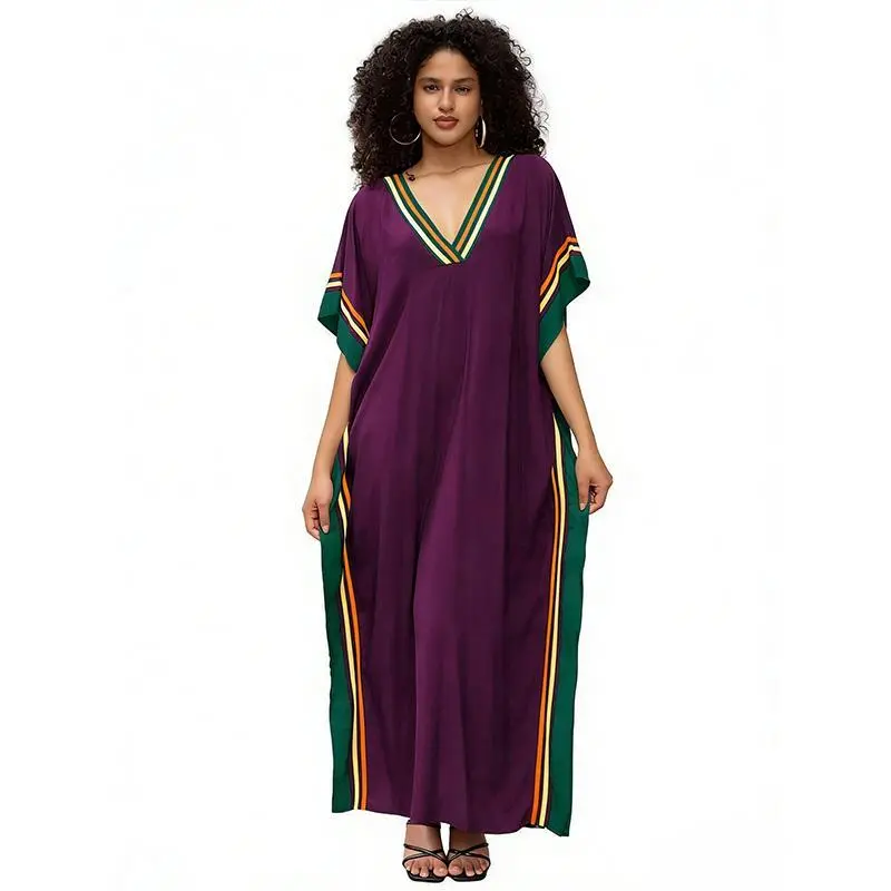 Plus Size Mumu Dresses for Women - Boho Batwing Sleeve Caftan with Side Slits, Long Moo Moo Nightgown & Beach Cover Up - Purple