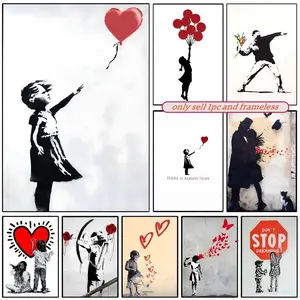 Banksy Graffiti Artwork Painting Girl with Red Balloon Poster Sticky Wall Art Printing Waterproof Modern Aesthetic Home Living Bedroom Decor Trendy Room Decoration Gift Durable High Quality