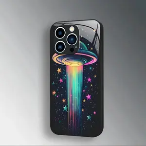 Creative UFO pattern, black tempered glass phone case for iPhone 11 12 13 14 15 16 Plus Pro Pro Max Phone Case, Camera Protection, Anti-Fingerprint, Lightweight, Fashionable