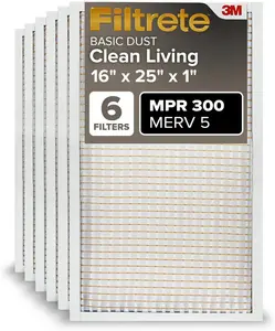 Filtrete 16X25X1 AC Furnace Air Filter, MERV 5, MPR 300, Capture Unwanted Particles, 3-Month Pleated 1-Inch Electrostatic Air Cleaning Filter, 6-Pack (Actual Size 15.69X24.69X0.81 In) 3M