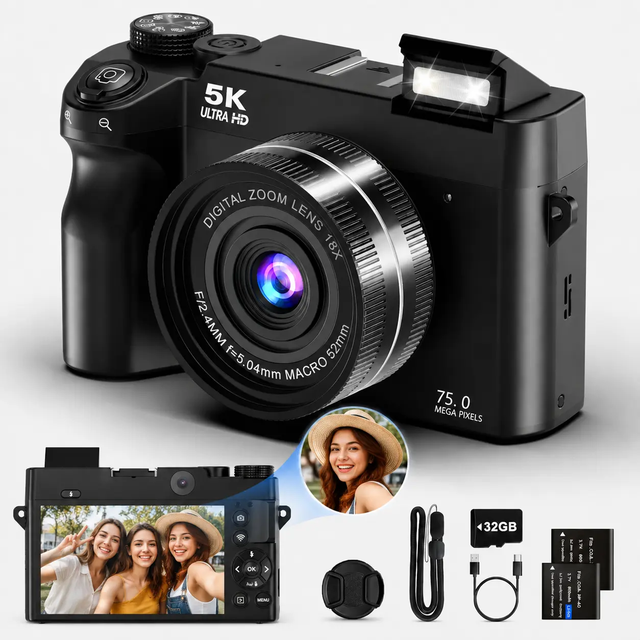5K Digital Camera, 75MP Point and Shoot Camera with 180° Flip Screen, 18X Digital Zoom, WiFi, Autofocus & Fill Light, 32GB SD Card, 2 Batteries, Compact Camera for Vlogging, Travel & Everyday Photography