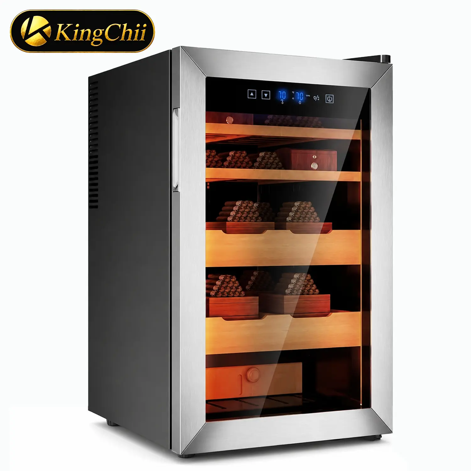 KINGCHII 70L Smart Electronic Humidor with 2-Way Auto Climate Control, Spanish Cedar Wood Shelves, 500 Capacity, Luxury Gift for Collectors