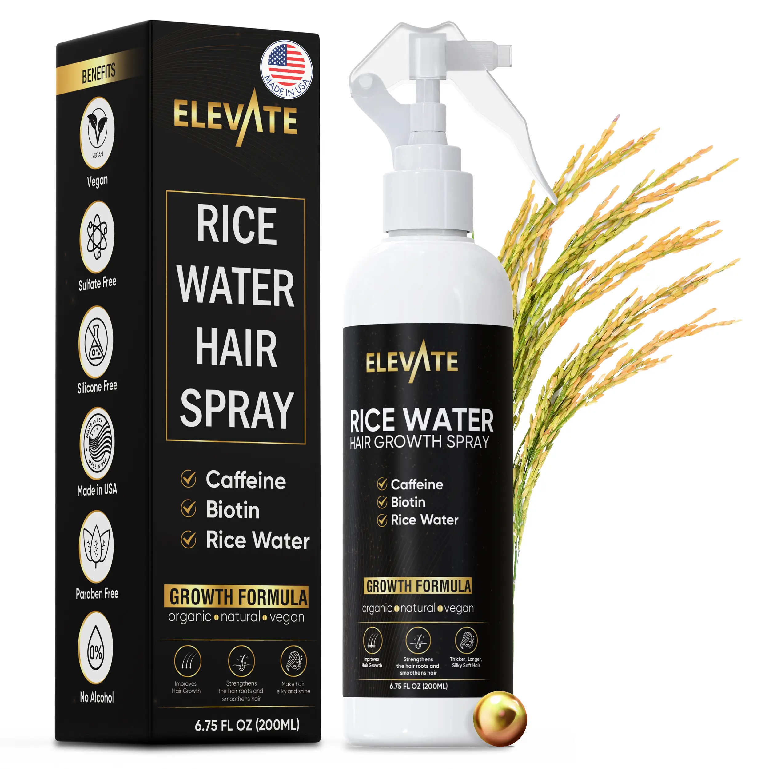Elevate Rice Water Hair Growth Spray - Biotin, Caffeine & Aloe Vera - Vegan, Non-Greasy Leave-In Mist for Thicker, Longer, Softer Hair - 6.75 FL OZ Strengthening Hair Thickening Regrowth Formula