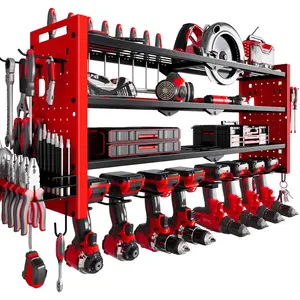 Power Tool Organizer Wall Mount,Cordless Drill Organizer,4 Layers Large Capacity Tool Rack with 8 Drill Holders (RED)