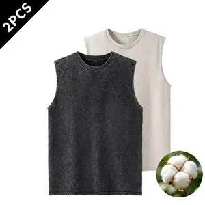 2-Pack Men’s Summer Vibes Vintage Washed Cotton Tank Tops for Men – Casual Crew Neck Sleeveless Loose Fit Summer Muscle Shirts