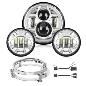 Nilight Motorcycle 7Inch LED Headlights 4.5Inch Fog Lights Chrome Kits