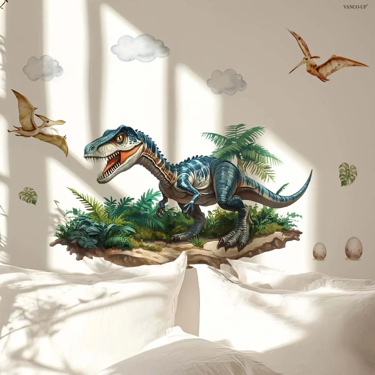A (30*60cm) original forest dinosaur 2D flat wall sticker Decorative Sticker for home decoration, Bedroom Decor, Cloud Shaped Design, self-adhesive, M21386-NC