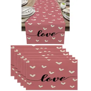 7pcs,Love Valentine's Day Table Mats Set, Cushion, Table Runner, Party Kitchen Restaurant Decor, 7 Pieces, Romantic Home Decoration
