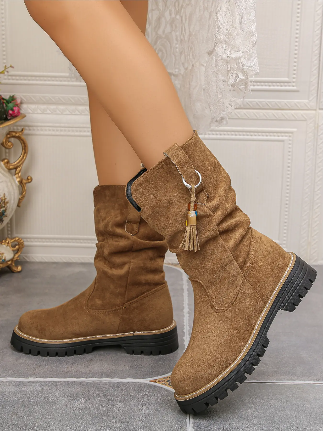 Women's autumn and winter large size pleated boots, Trendy boots, thick sole high water table waterproof fabric tassel decorative soft sole non-slip wear-resistant outdoor mid-tube commuting Ruched Platform Boots