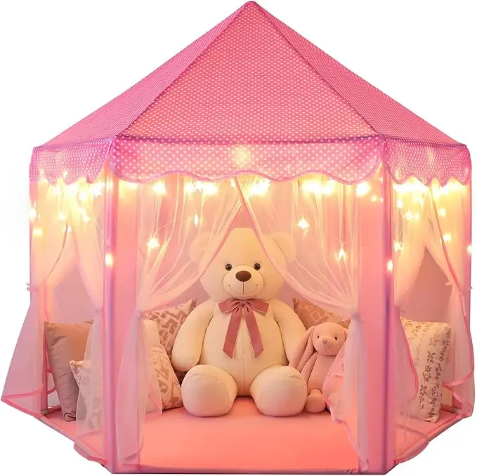 Princess Castle Tent for Girls with Fairy Star Lights Kids Play Tent Playhouse Hexagon Princess Tent Indoor Outdoor Fairy House Pretend Play Toys for Toddlers & Children