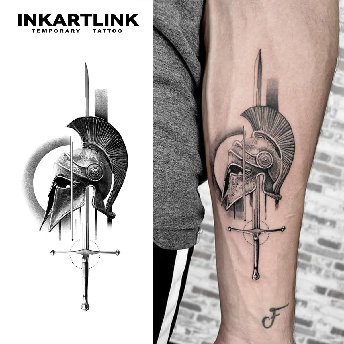 INKARTLINK 2-Sheet Realistic Temporary Tattoos - Hyper Realistic Spartan Warrior Helmet, Sword Sketch Tattoo Art, Waterproof Ancient Greek Design for Adults, All Skin Types, Apply Temporarily (Single Item)