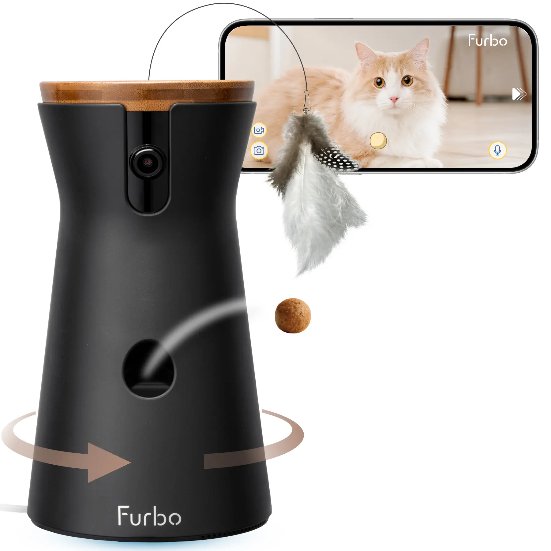 Furbo 360° Cat Camera: Standard See, Talk, & Toss Features, No Subscription Needed. Kitten Security Cam w/Meowing Alerts, Rotating View, Treat Toss w/Phone App, Smart Home Kitty Monitoring, 2-Way Speaker