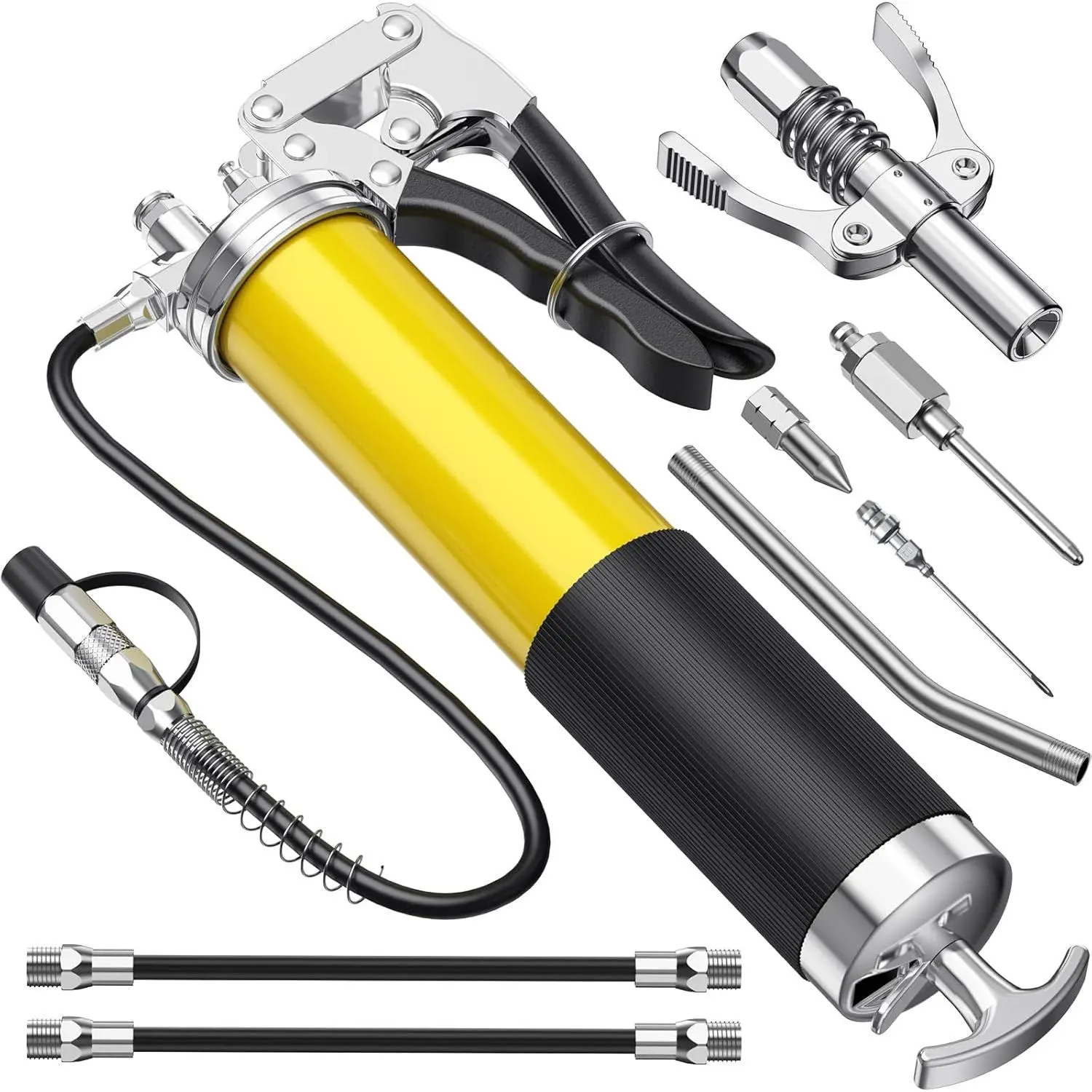 Grease Gun Kit, 8000 PSI Leak-Proof Pistol Grip Grease Gun with Lock Coupler, 18" Spring Flex Hose, 14oz Load, 2 Standard Hose, Grease Injector, Needle, Coupler, Rigid Pipe, Sharp Nozzle