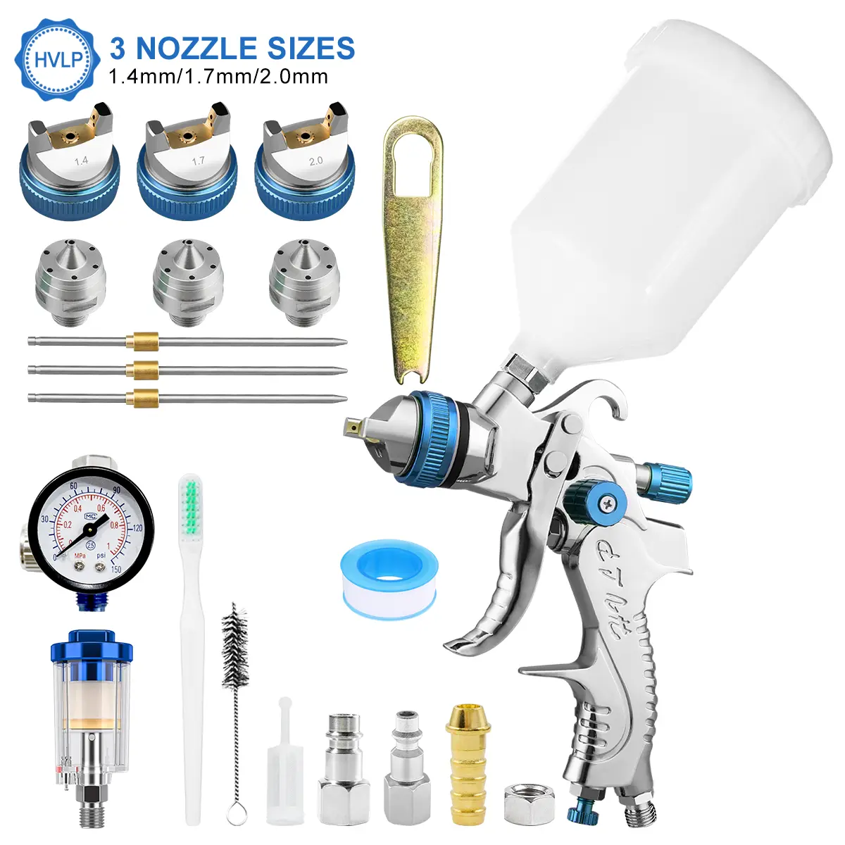 2008 Blue HVLP Plastic Air Spray Gun Set - High-Pressure Aluminum Handheld Airbrush Kit, Paint Spraying Tool with Adjustable Nozzles, Pressure Regulator, Suitable for Automotive Primer/Topcoat, Furniture Painting Paint Sprayers Paint Sprayer Accessories