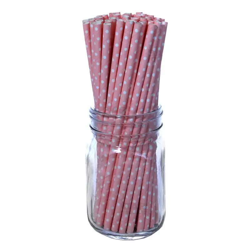 BarConic® Environmentally Friendly Biodegradable Pink Dot Paper Straws - 100-Pack, 0.236" Diameter, 8 inches Length, Bar Utensils for Craft Cocktails, Drinks, Beverages