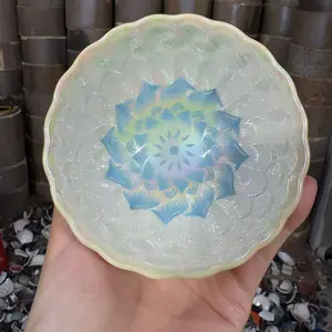 Iridescent White Shell Handmade Jianzhan Teacup with Blue Lotus Pattern,Color Shifting Beauty