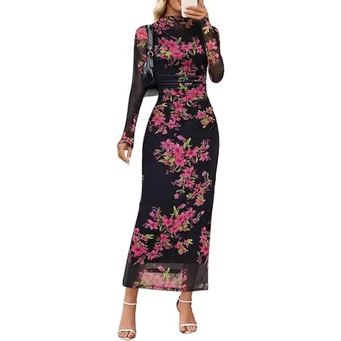 MEROKEETY Women's Long Sleeve Floral Mesh Ruched Bodycon Tie Dye Maxi Dress - 2025 Fall Formal Wedding Guest, Birthday, Party Attire