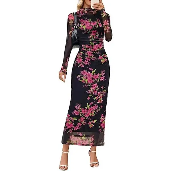 MEROKEETY Women's Long Sleeve Floral Mesh Ruched Bodycon Tie Dye Maxi Dress - 2025 Fall Formal Wedding Guest, Birthday, Party Attire