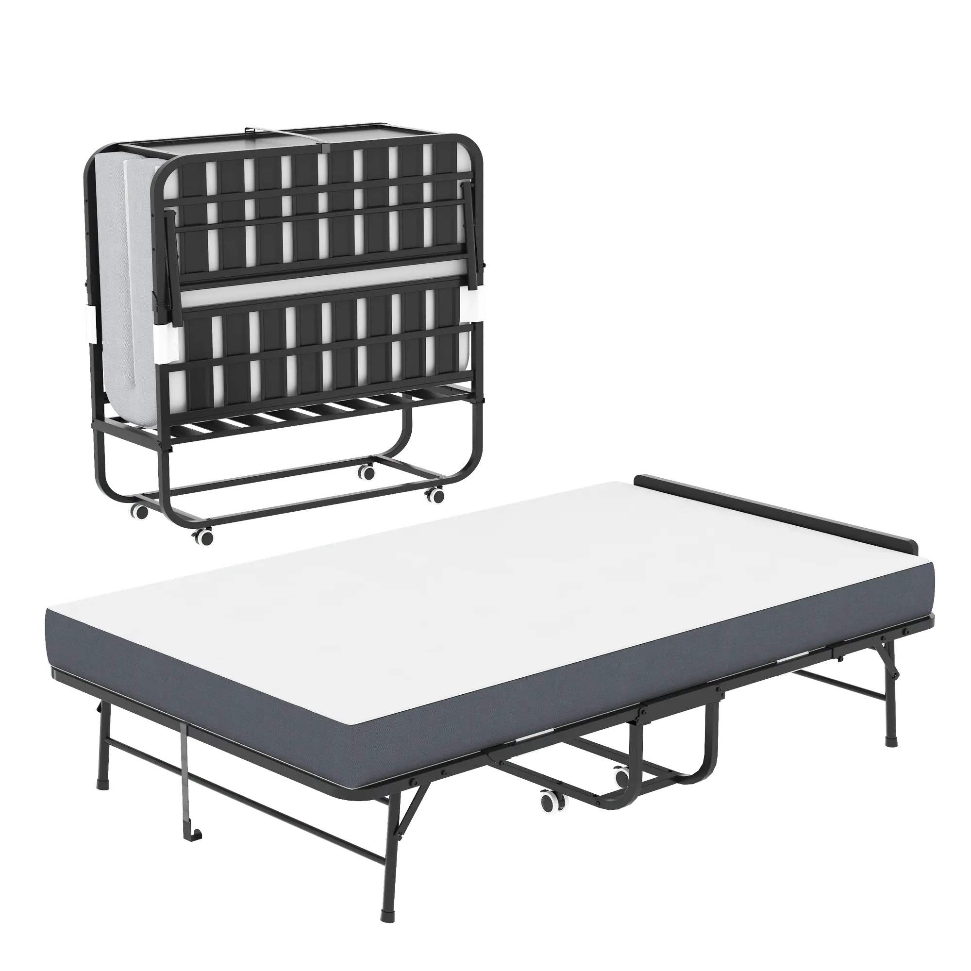 75"x46" Wide Folding Bed with Adjustable Headboard, Extra Long Rollaway Bed for Tall People, 5" Memory Foam Mattress, Heavy-Duty Guest Bed on Wheels, Spacious Twin Cot