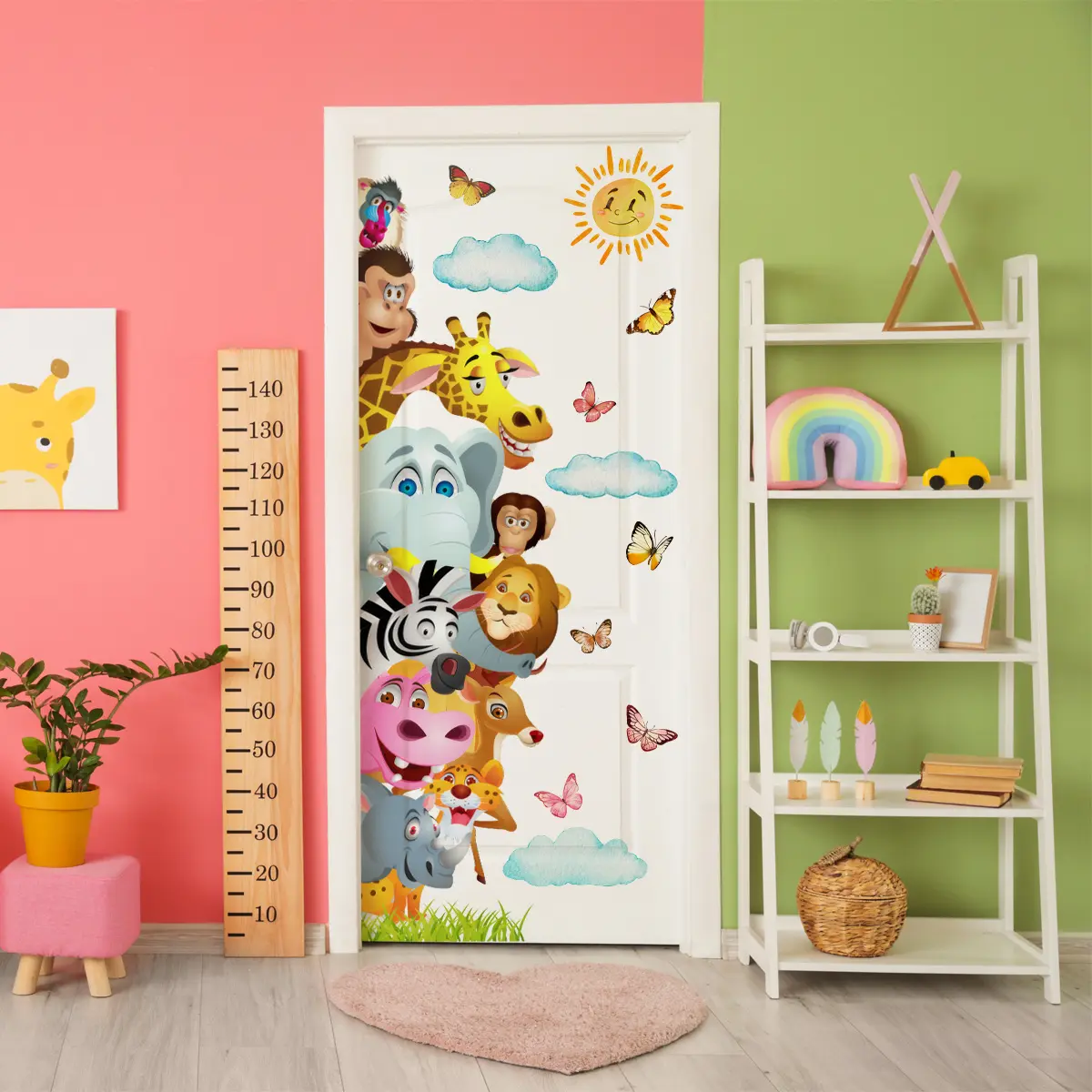 One piece (30*90cm) cartoon jungle animal cute pet nursery wall sticker, self-adhesive home decoration sticker, decorative stickers for bedroom, living room, hallway, corridor and children's room, M21193-KR