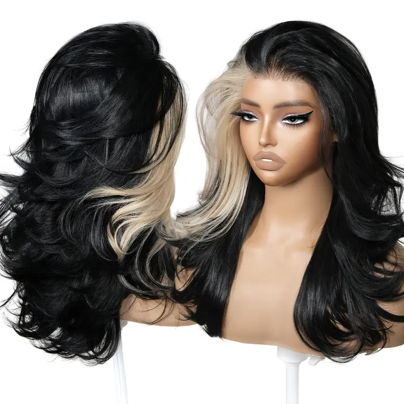 BrownBomb 18in Synthetic Lace Front Wig - 13x6 Lace, Glueless Heat Resist, Pre-Plucked Hairline, Flippy Layers, Feather Curls, Fringe Bangs, Light & Airy, Everyday Wear, Summer-Friendly Synthetic Wigs