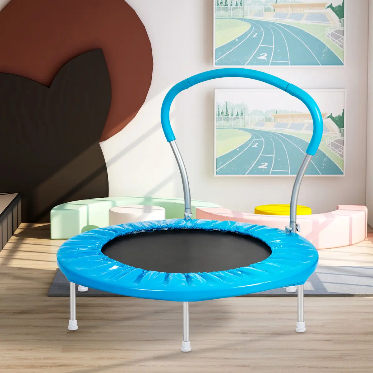36" Toddler Trampoline Indoor with Safety Handrail, Metal Fitness Trampoline for Kids with 6-Leg Stability, 220 lbs Capacity for Jumping in Playroom or Patio, Safety Rail