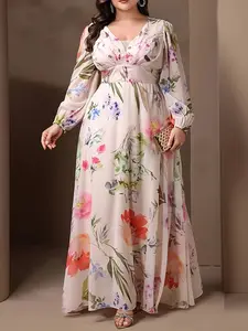 Elegant Chiffon Print Long Dress, Plus Size Vacation Style, Women's Fashionable Summer Wear, Comfortable and Stylish