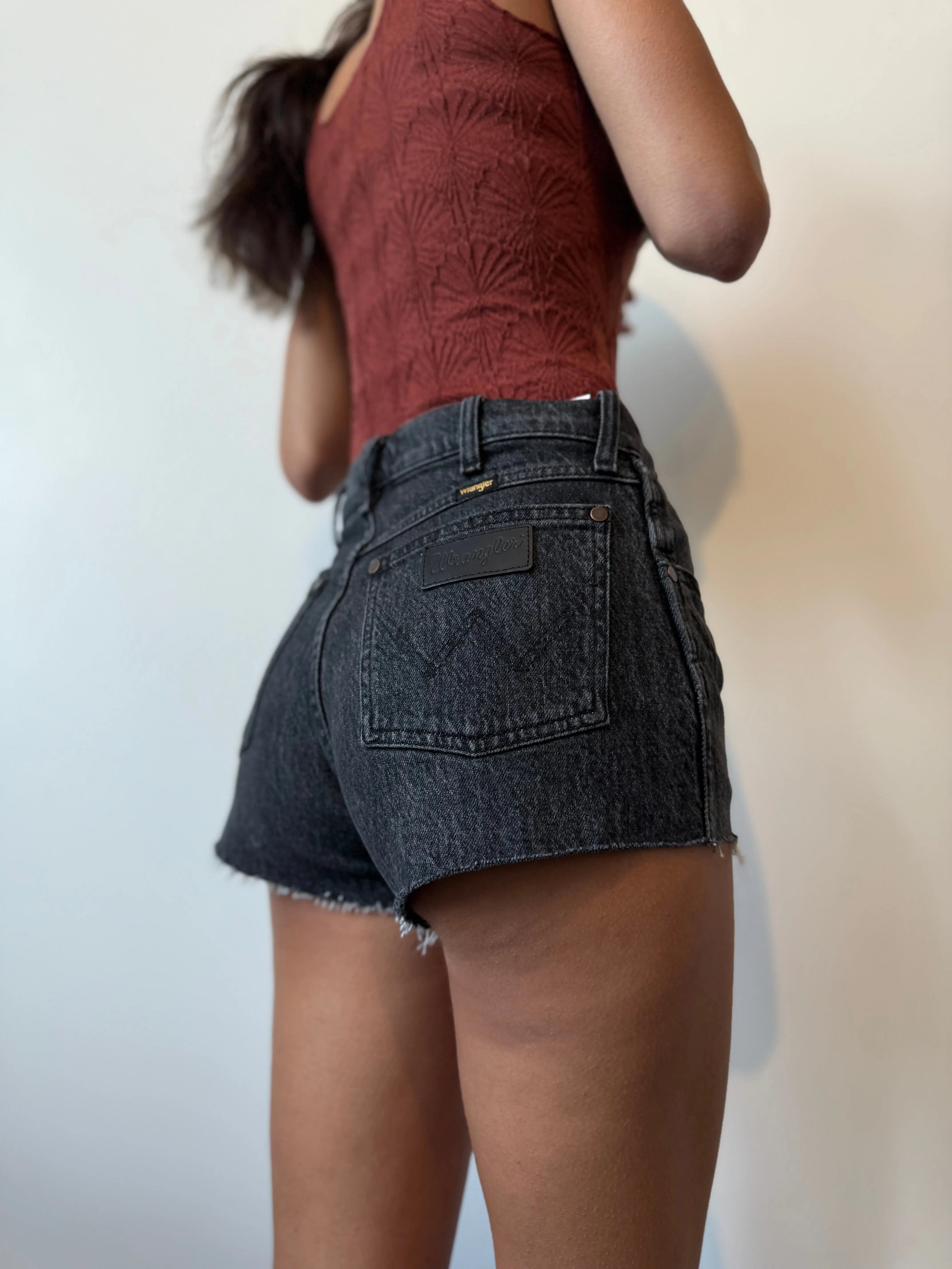Wrangler Women's Vintage Granite Festival Shorts, High-Rise Casual Style in Rinsed Black, 100% Cotton, Bottom, Casual Fashion Shorts, Rinsed Finish, Lady, Basic, Clothes, Festival Wear, High Waist