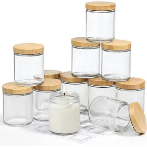 12 Pack Thick Glass Candle with Bamboo Lids - 8 OZ, Bulk Clear Round Glass Candle Jars for Making Candles, Empty Food Storage Containers, Canning Jars for Spice, Powder, Liquid Canister Bottles