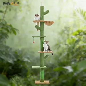 PAWZ Road Cactus/Gothic/Wood Cat Tree Floor to Ceiling Cat Tower with Adjustable Height, 5 Tiers Cat Climbing Activity Center with Cozy Hammock, Platforms and Dangling Balls for Indoor Cats