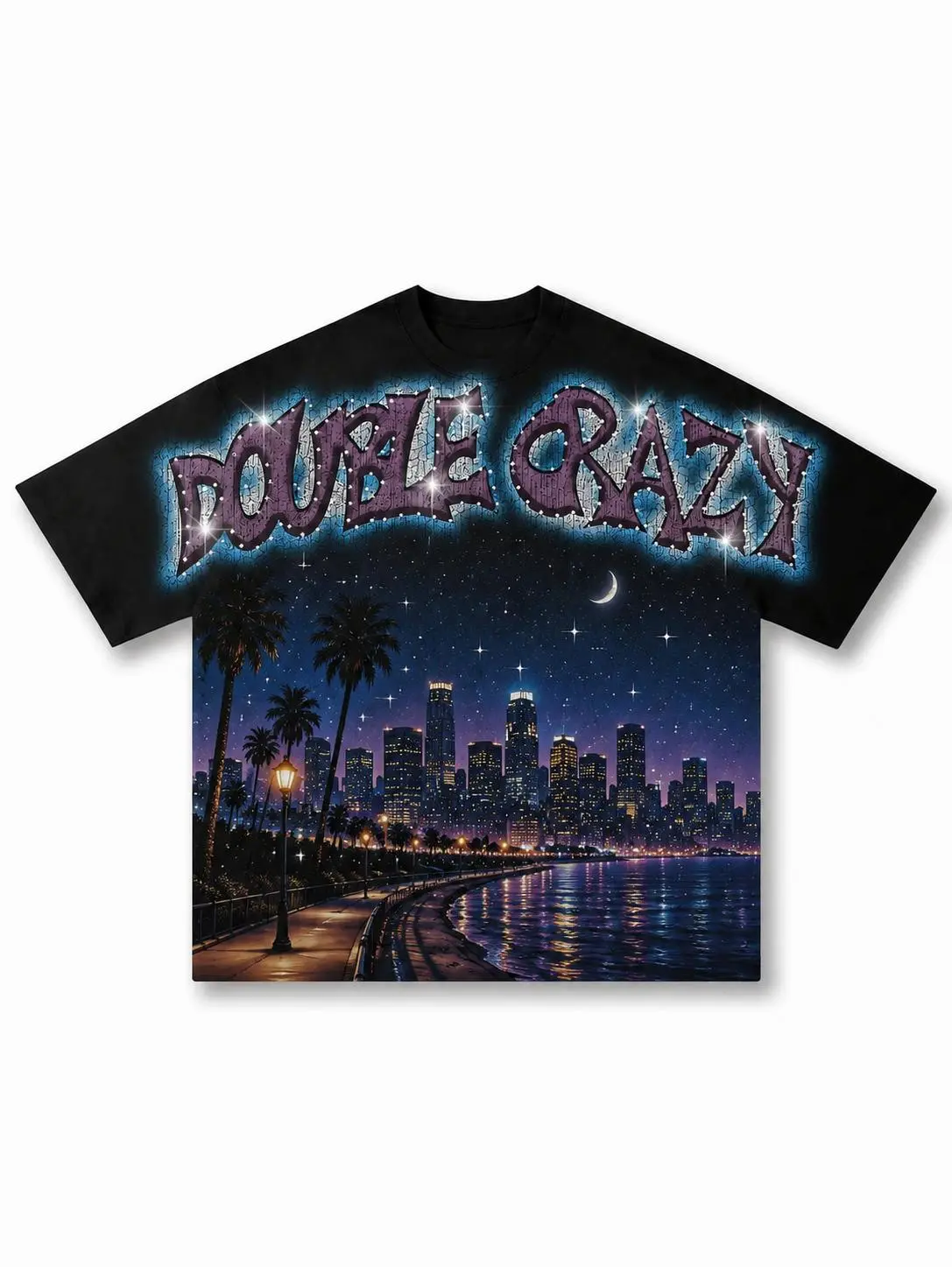 Y2K Streetwear Double Crazy Graphic Tee Vintage Los Angeles Skyline Starry Night T-Shirt Heavyweight Combed Cotton Drop Shoulder Oversized Top Aesthetic Retro Aesthetic Tee Gift