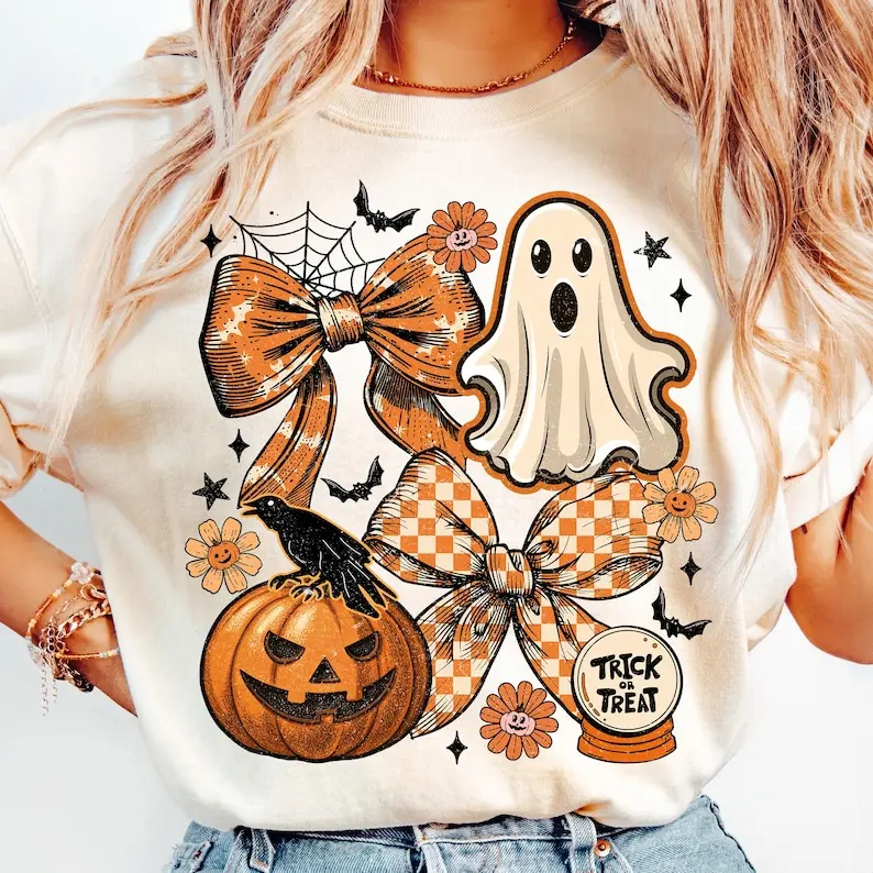 Vintage Halloween Ghost Coquette Tshirt, Spooky Season Tee, Floral Fall Pumpkin Bow Shirt, Retro Checkered Halloween, Witchy Vibes T-Shirt,Unisex Crewneck T-shirt for Men And Women